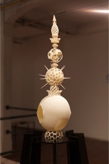 closeup view of 'Tower of Entrotopia' sculpture by Seppe De Roo